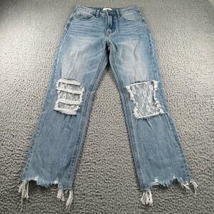 Bayeas‎ Women's Jeans High Rise Crop Straight Leg 25 Lace Patch Distressed